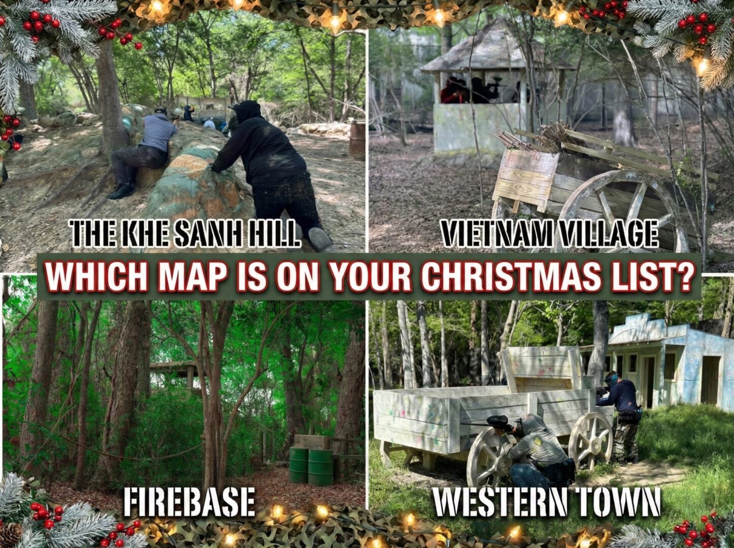 Christmas-themed paintball map options collage.