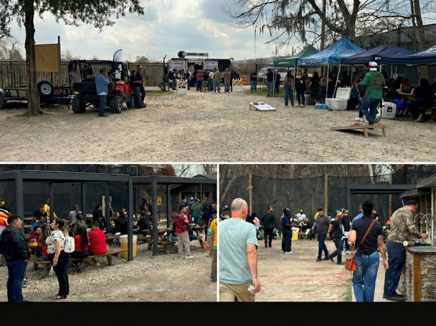 Outdoor gathering with people and vendor tents.