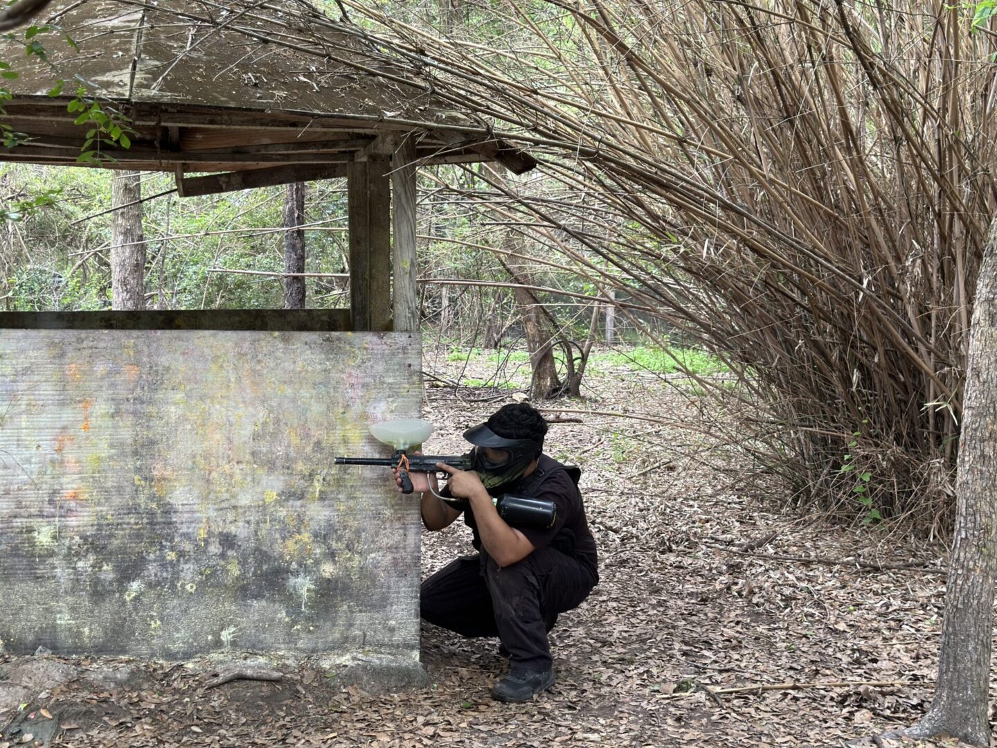 Airsoft players using tactical barricades and tree silhouettes for cover during a competitive tournament match at Survival Game of Texas in Houston.